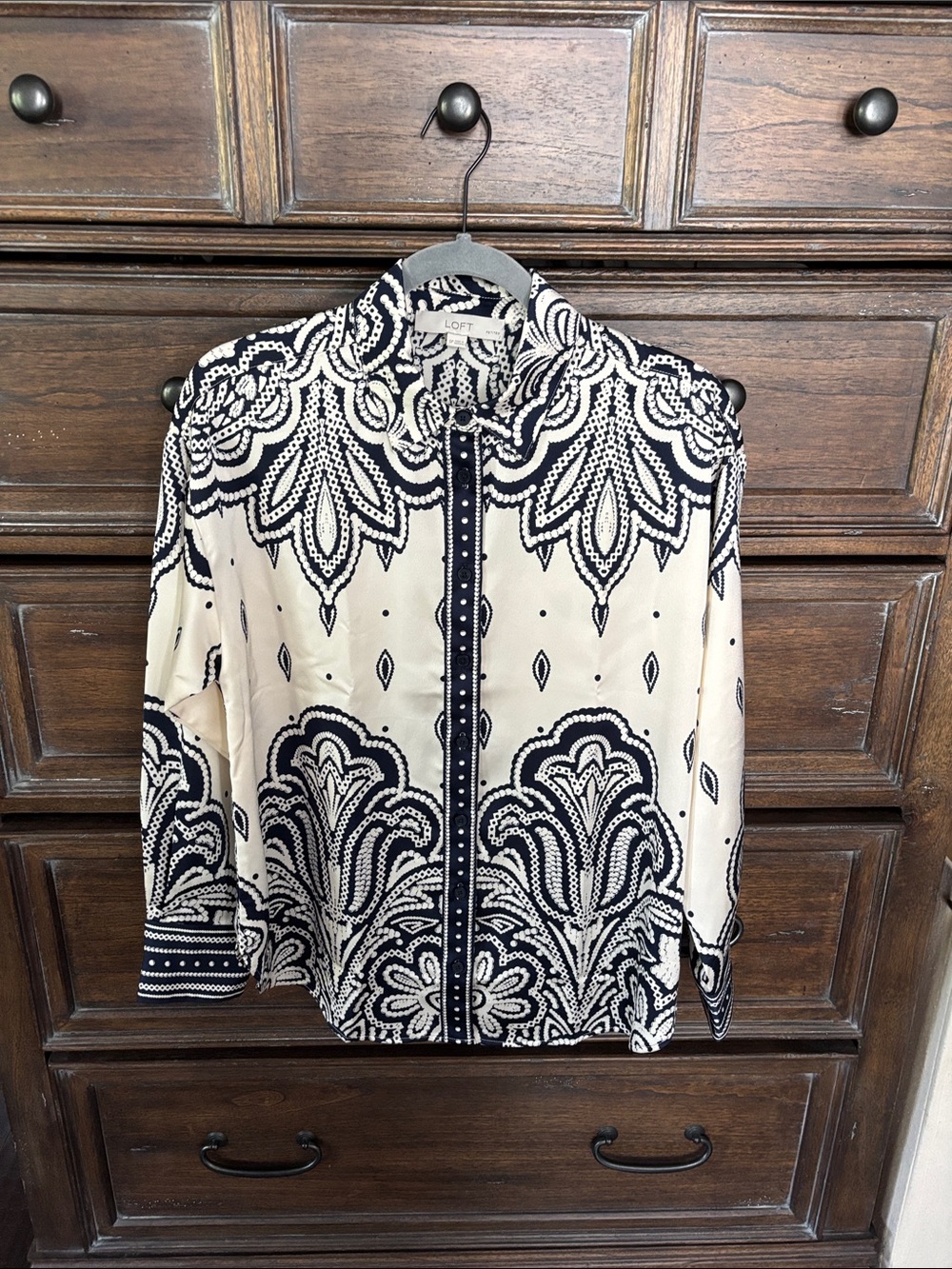 LOFT Cream and Black Ornate Print Button-Down Shirt
